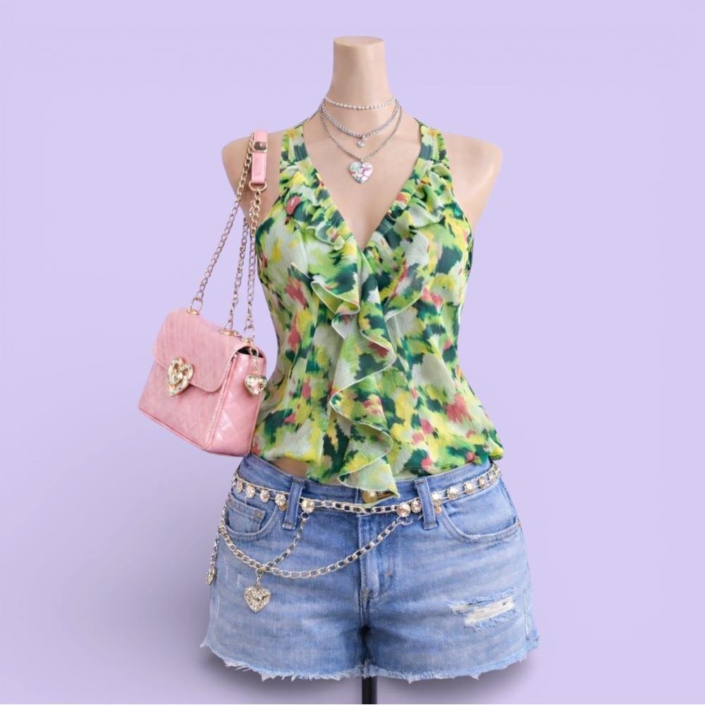 Kut From The Kloth Vintage Y2K Green Ruffle Halter Top XL Coquette Colorful Chic